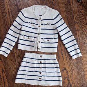 Knit White and Navy Striped Cardigan and Skirt Set